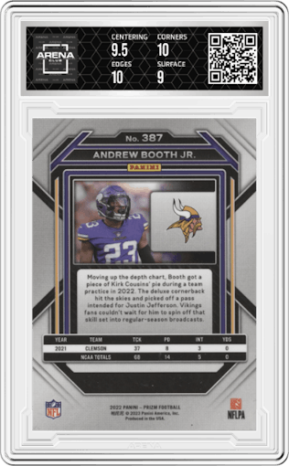Andrew Booth Jr. from the 2022 Panini Prizm set graded by Arena Club and given an overall grade of 9.5.