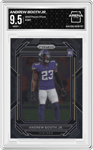 Andrew Booth Jr. from the 2022 Panini Prizm set graded by Arena Club and given an overall grade of 9.5.