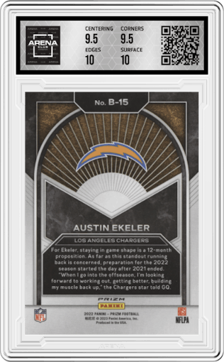 Austin Ekeler from the 2022 Panini Prizm set featuring a Silver Prizm parallel graded by Arena Club and given an overall grade of 10.