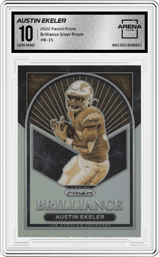 Austin Ekeler from the 2022 Panini Prizm set featuring a Silver Prizm parallel graded by Arena Club and given an overall grade of 10.