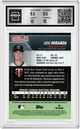 Jose Miranda from the 2022 Stadium Club Chrome set graded by Arena Club and given an overall grade of 10.