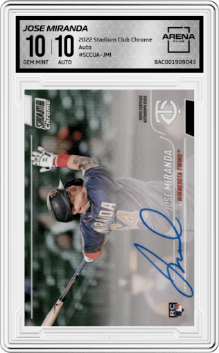 Jose Miranda from the 2022 Stadium Club Chrome set graded by Arena Club and given an overall grade of 10.