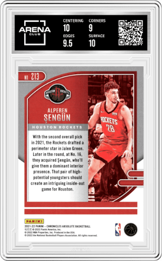 Alperen Sengun from the 2021-22 Panini Chronicles set graded by Arena Club and given an overall grade of 9.5.