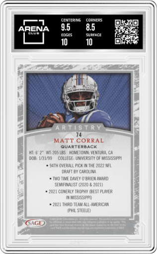 Matt Corral from the 2022 SAGE Artistry set graded by Arena Club and given an overall grade of 9.