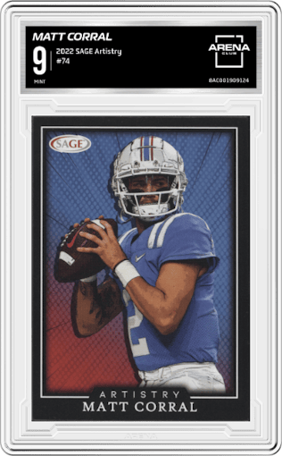 Matt Corral from the 2022 SAGE Artistry set graded by Arena Club and given an overall grade of 9.