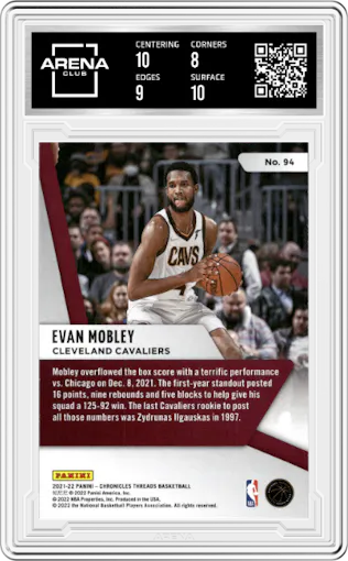 Evan Mobley from the 2021-22 Panini Chronicles set graded by Arena Club and given an overall grade of 8.5.