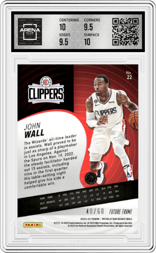John Wall from the 2022-23 Panini Revolution  set featuring a Future Frame parallel graded by Arena Club and given an overall grade of 10.