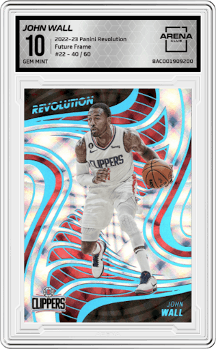 John Wall from the 2022-23 Panini Revolution  set featuring a Future Frame parallel graded by Arena Club and given an overall grade of 10.