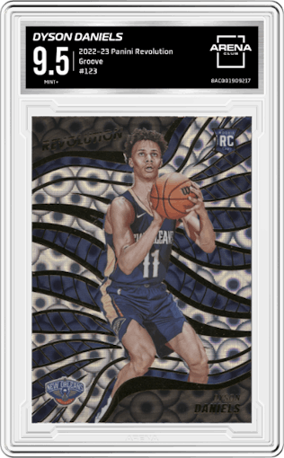 Dyson Daniels from the 2022-23 Panini Revolution  set featuring a Groove parallel graded by Arena Club and given an overall grade of 9.5.