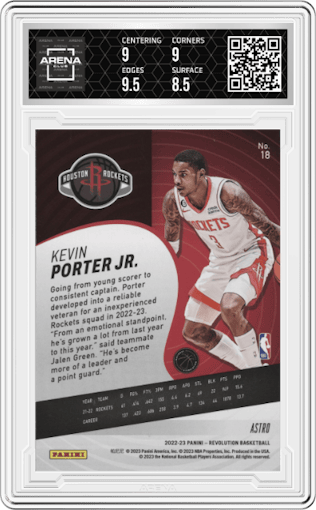 Kevin Porter Jr. from the 2022-23 Panini Revolution  set featuring a Astro parallel graded by Arena Club and given an overall grade of 9.