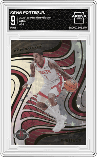 Kevin Porter Jr. from the 2022-23 Panini Revolution  set featuring a Astro parallel graded by Arena Club and given an overall grade of 9.