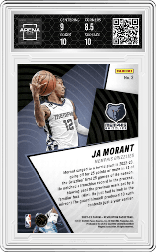 Ja Morant from the 2022-23 Panini Revolution  set graded by Arena Club and given an overall grade of 9.