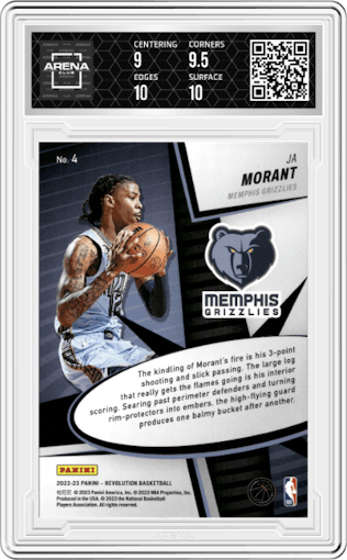 Ja Morant from the 2022-23 Panini Revolution  set graded by Arena Club and given an overall grade of 9.5.