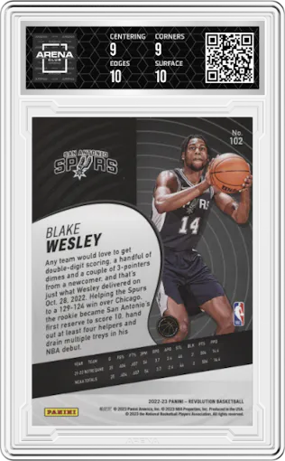 Blake Wesley from the 2022-23 Panini Revolution  set graded by Arena Club and given an overall grade of 9.5.