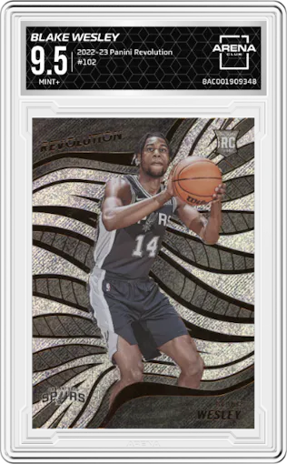Blake Wesley from the 2022-23 Panini Revolution  set graded by Arena Club and given an overall grade of 9.5.