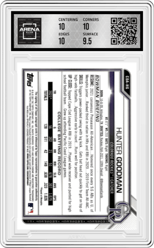 Hunter Goodman from the 2021 Bowman Draft set graded by Arena Club and given an overall grade of 10.