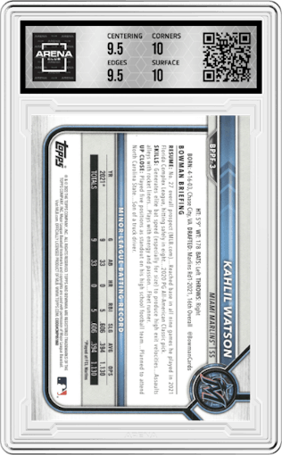 Kahlil Watson from the 2022 Bowman 1st Edition set featuring a Sky Blue Foil parallel graded by Arena Club and given an overall grade of 10.