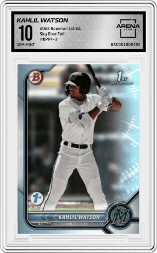 Kahlil Watson from the 2022 Bowman 1st Edition set featuring a Sky Blue Foil parallel graded by Arena Club and given an overall grade of 10.
