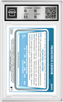 Francisco Lindor from the 2011 Bowman Chrome Draft set featuring a Refractor parallel graded by Arena Club and given an overall grade of 10.