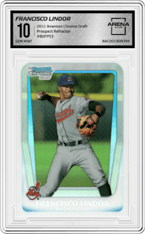 Francisco Lindor from the 2011 Bowman Chrome Draft set featuring a Refractor parallel graded by Arena Club and given an overall grade of 10.