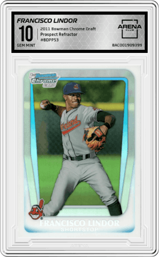 Francisco Lindor from the 2011 Bowman Chrome Draft set featuring a Refractor parallel graded by Arena Club and given an overall grade of 10.