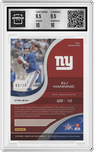 Eli Manning from the 2019 Panini Rookies & Stars set featuring a Gold parallel graded by Arena Club and given an overall grade of 10.