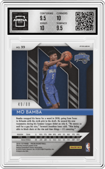 Mo Bamba  from the 2018-19 Panini Prizm set featuring a Choice Red parallel graded by Arena Club and given an overall grade of 10.