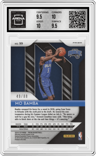 Mo Bamba  from the 2018-19 Panini Prizm set featuring a Choice Red parallel graded by Arena Club and given an overall grade of 10.