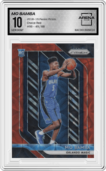 Mo Bamba  from the 2018-19 Panini Prizm set featuring a Choice Red parallel graded by Arena Club and given an overall grade of 10.