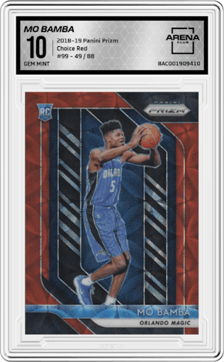 Mo Bamba  from the 2018-19 Panini Prizm set featuring a Choice Red parallel graded by Arena Club and given an overall grade of 10.