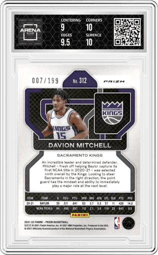 Davion Mitchell from the 2021-22 Panini Prizm  set featuring a Blue Prizm parallel graded by Arena Club and given an overall grade of 9.5.