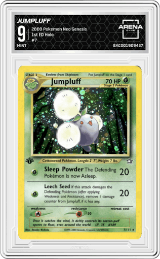 Jumpluff from the 2000 Pokemon Neo Genesis set graded by Arena Club and given an overall grade of 9.