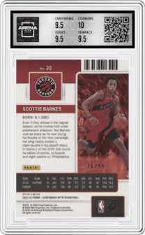 Scottie Barnes from the 2021-22 Panini Contenders Optic set featuring a Blue parallel graded by Arena Club and given an overall grade of 10.