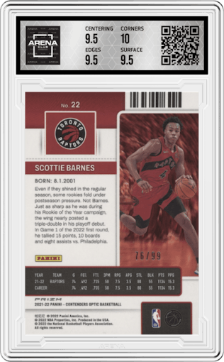 Scottie Barnes from the 2021-22 Panini Contenders Optic set featuring a Blue parallel graded by Arena Club and given an overall grade of 10.