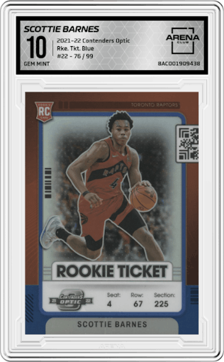 Scottie Barnes from the 2021-22 Panini Contenders Optic set featuring a Blue parallel graded by Arena Club and given an overall grade of 10.