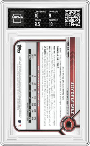 Elly De LA Cruz from the 2022 Bowman set featuring a Border Purple Pattern parallel graded by Arena Club and given an overall grade of 9.5.