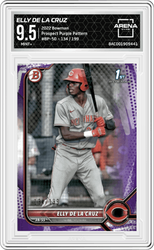Elly De LA Cruz from the 2022 Bowman set featuring a Border Purple Pattern parallel graded by Arena Club and given an overall grade of 9.5.