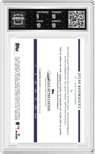 Julio Rodriguez from the 2022 Topps DJ Call of the Captain set graded by Arena Club and given an overall grade of 9.5.