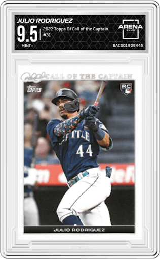 Julio Rodriguez from the 2022 Topps DJ Call of the Captain set graded by Arena Club and given an overall grade of 9.5.