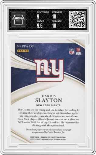 Darius Slayton from the 2020 Panini Immaculate Collection set featuring a Platinum parallel graded by Arena Club and given an overall grade of 9.5.