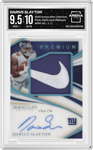 Darius Slayton from the 2020 Panini Immaculate Collection set featuring a Platinum parallel graded by Arena Club and given an overall grade of 9.5.