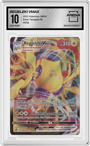 Regieleki Vmax from the 2022 Pokemon SWSH set graded by Arena Club and given an overall grade of 10.