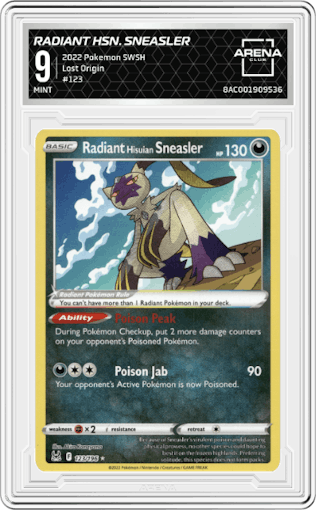 Radiant Hisuian Sneasler from the 2022 Pokemon SWSH set graded by Arena Club and given an overall grade of 9.