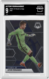 Aitor Fernandez from the 2020-21 Panini Mosaic La Liga set graded by Arena Club and given an overall grade of 9.