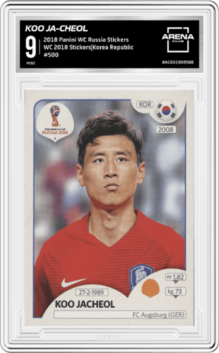 Koo Ja-cheol from the 2018 Panini World Cup Stickers Russia set graded by Arena Club and given an overall grade of 9.