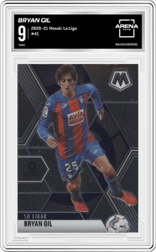 Bryan Gil from the 2020-21 Panini Mosaic La Liga set graded by Arena Club and given an overall grade of 9.