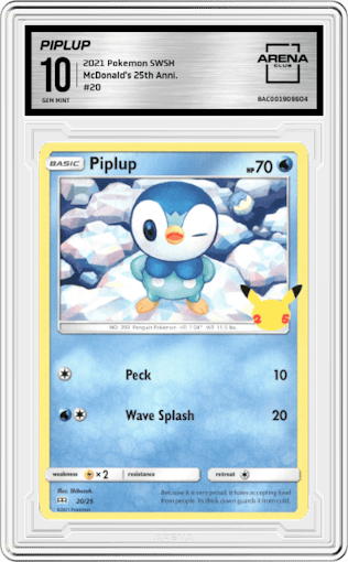 Piplup from the 2021 Pokemon SWSH set graded by Arena Club and given an overall grade of 10.