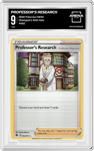 Professor's Research  from the 2020 Pokemon SWSH set graded by Arena Club and given an overall grade of 9.