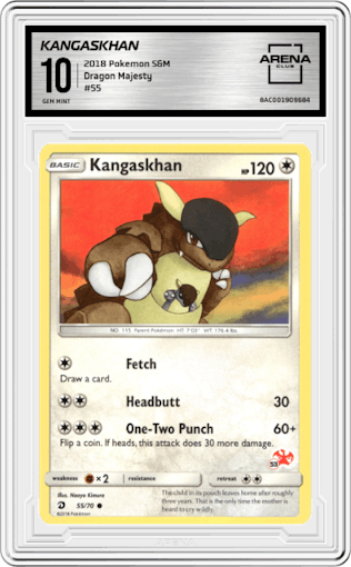 Kangaskhan from the 2018 Pokemon S&M  set graded by Arena Club and given an overall grade of 10.