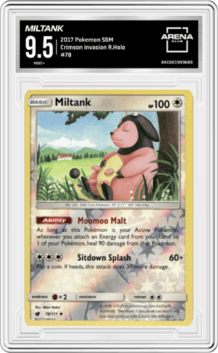 Miltank from the 2017 Pokemon S&M set graded by Arena Club and given an overall grade of 9.5.